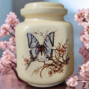 Vtg Treasure Craft Ceramic Canister Butterfly Flower Cookie Jar Speckled Glaze